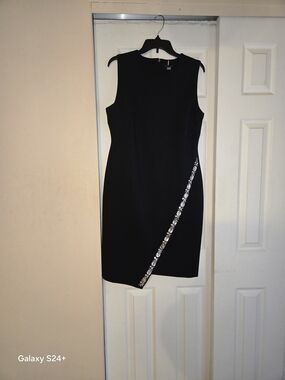 Tommy Hilfiger Black Midi Sheath Dress with Diagonal Embellished Trim